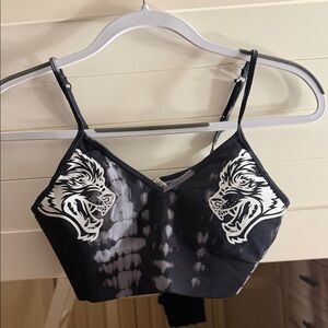 Black Padded Tie-Dye Wolf Print Sports Bra